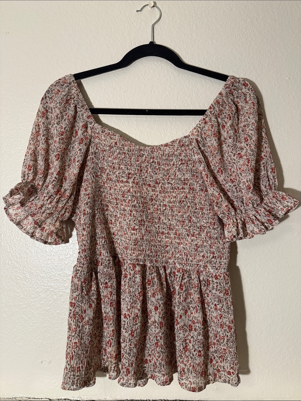 Smocked Peasant Blouse in Floral Red